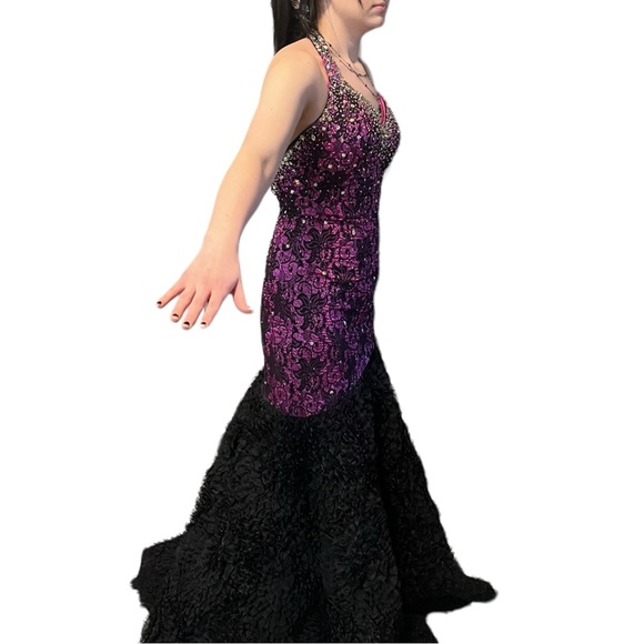 Johnathan Kayne Purple Black Lace Halter Goth Prom Wedding Dress Gown 2 edgy - Picture 9 of 15